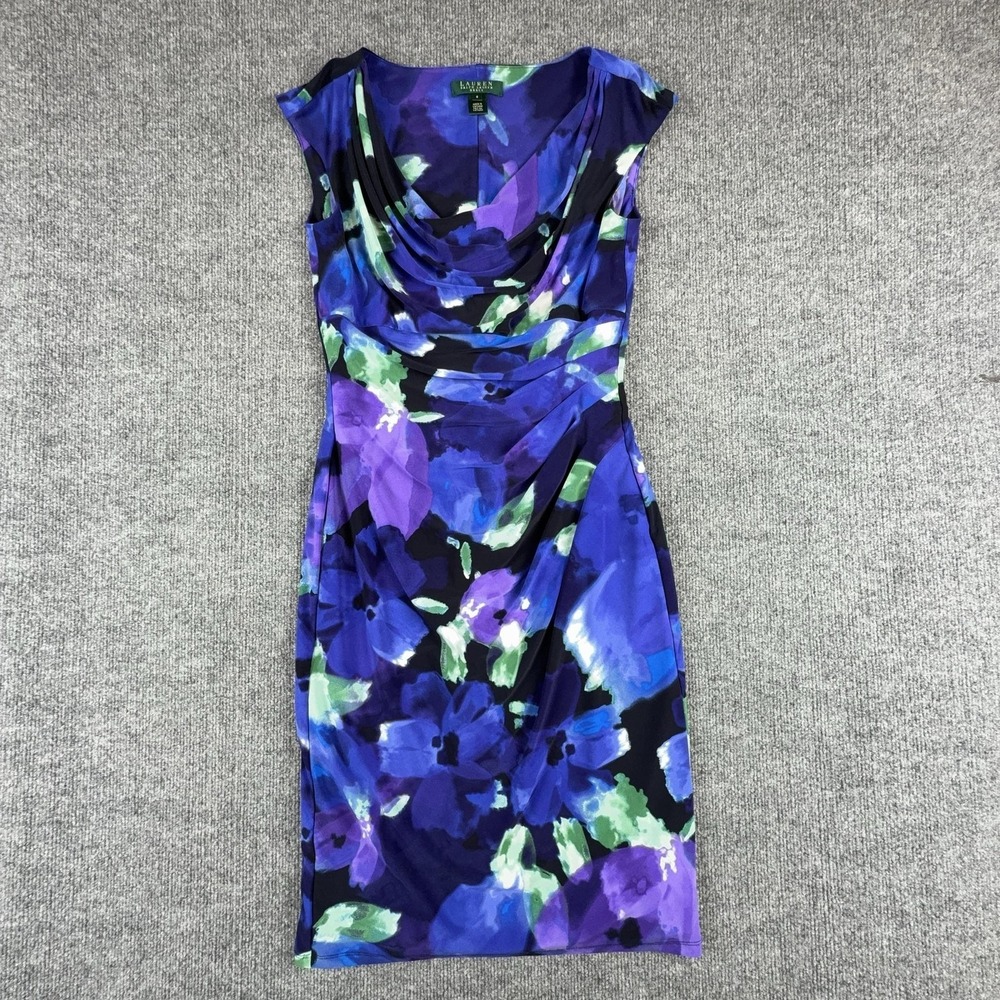 Lauren Ralph Lauren Dress Womens 6 Multicolor Floral Cowl Neck Ruched Sheath